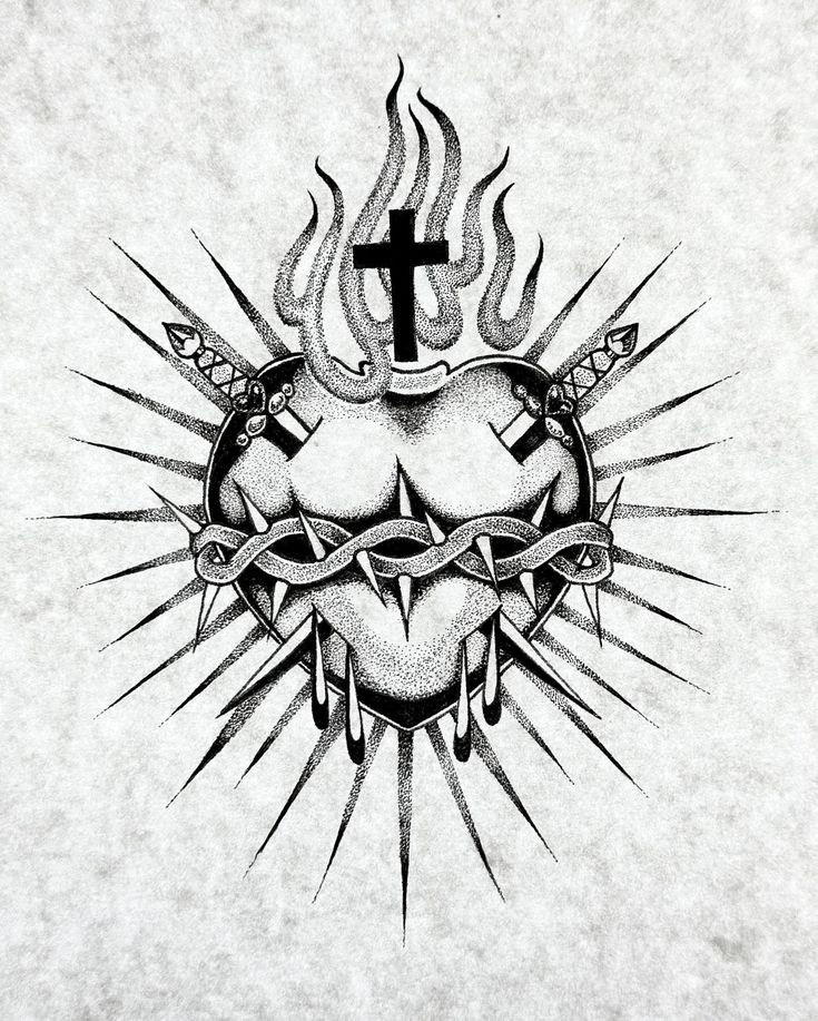 a cross and heart tattoo design with flames in the center on a white paper background