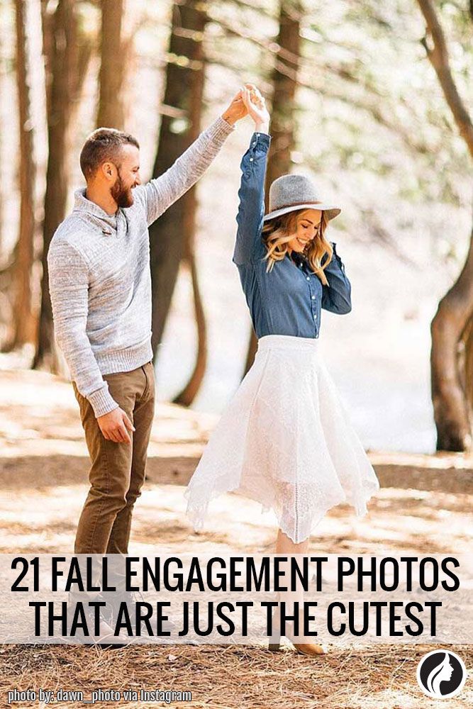 a man and woman dancing in the woods with text that reads, 21 fall engagement photos that are just the cutest