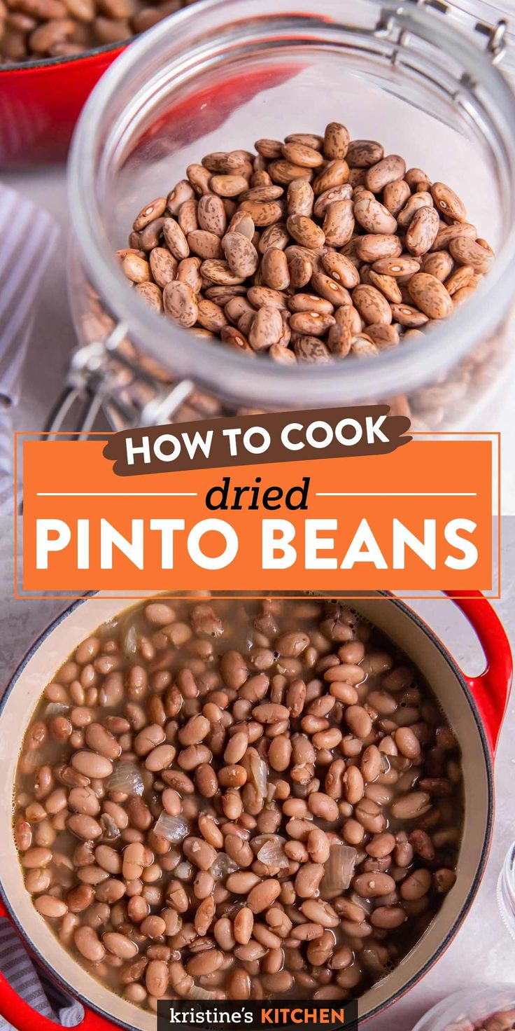 how to cook baked pinto beans in a pot with the title overlay above it