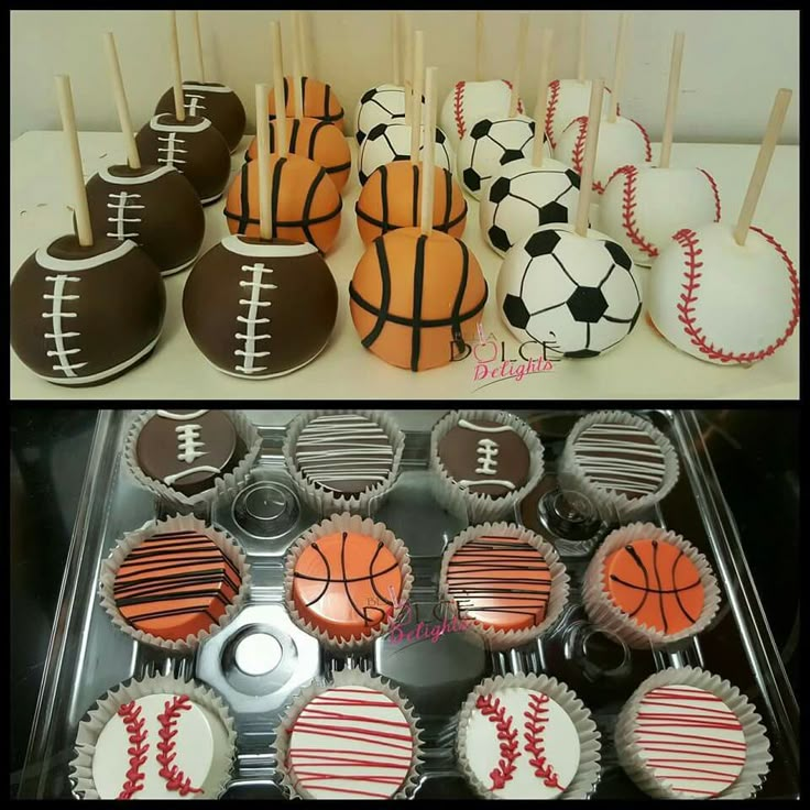 there are many cupcakes decorated like sports balls and basketballs on the sticks