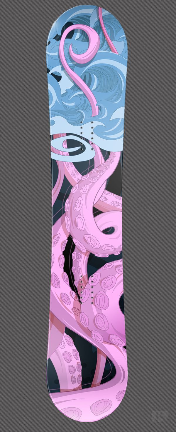 a snowboard with pink and blue designs on the bottom, sitting in front of a gray background