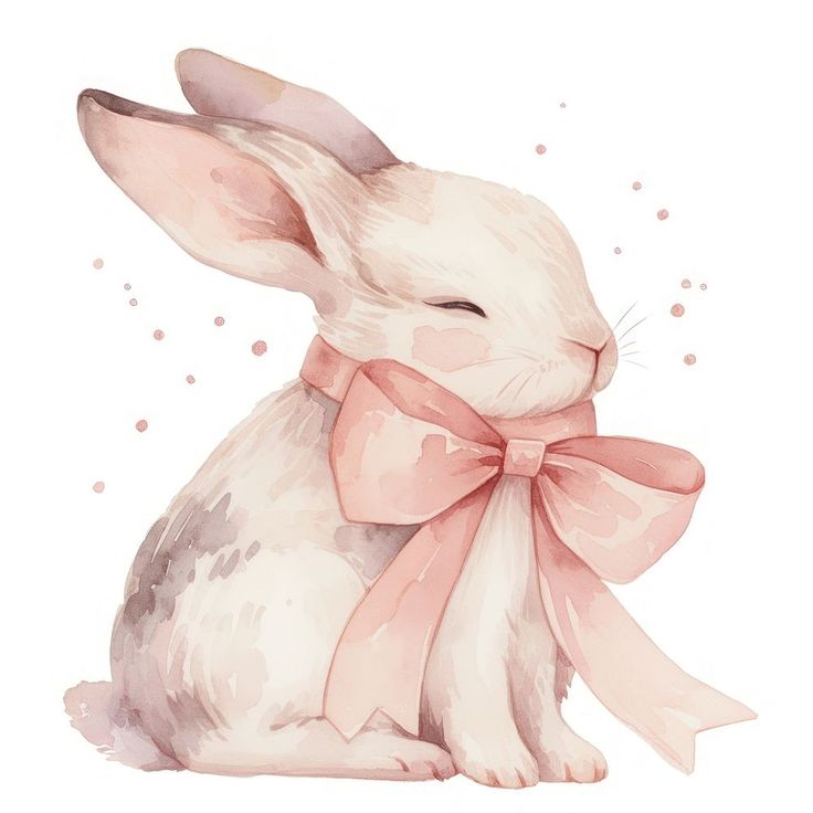 a watercolor painting of a bunny with a pink bow