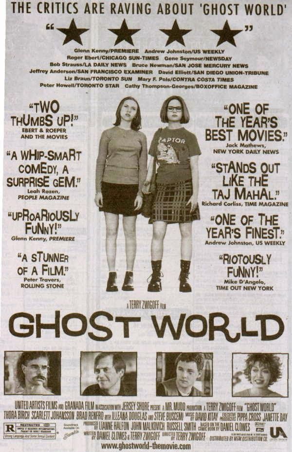 an advertisement for the movie ghost world with two girls standing next to each other in front of three stars