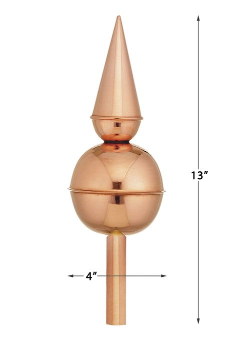 a copper colored metal object with measurements for the top and bottom part, on a white background