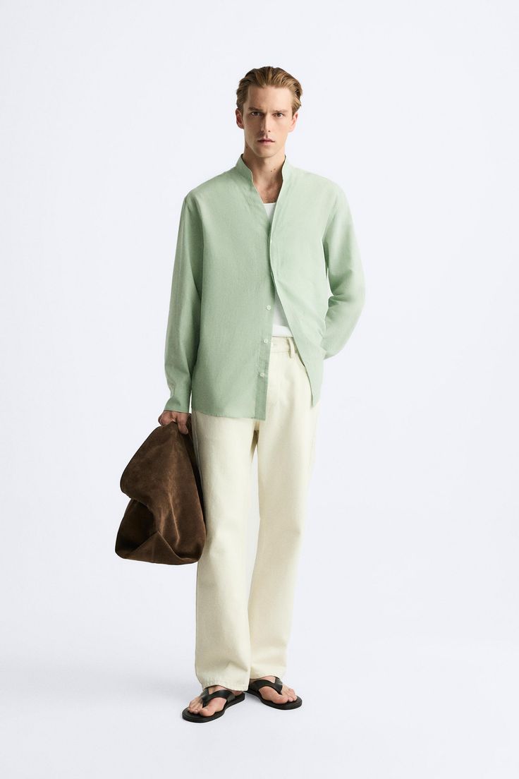 COTTON - LINEN BLEND SHIRT - Lime green | ZARA United States Chic Cotton Shirt For Layering, Spring Cotton Blouse With Concealed Placket, Cotton Shirt With Stand Collar And Button Cuffs, Spring Long Sleeve Tops With Hidden Button Closure, Spring Layering Shirt With Collar, Spring Cotton Blouse With Fold Down Collar, Spring Button-up Shirt For Layering, Cotton Top With Concealed Placket For Spring, Spring Shirt With Button Cuffs For Layering