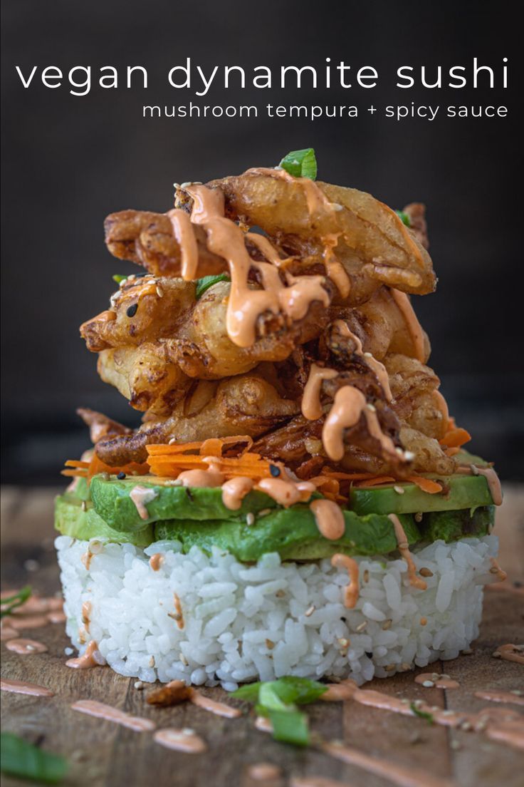 the cover of vegan dynamitee sushi is shown on top of rice and garnished with sauce