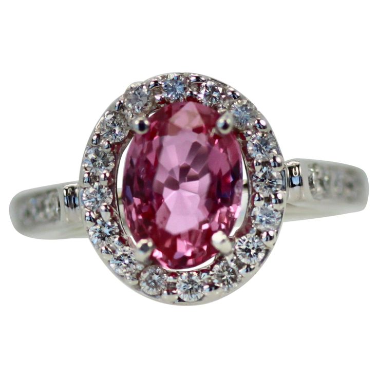 This Pink Sapphire is a gorgeous color of pink. It weighs 1.20 carats and is set with a Diamond Halo around the stone and Diamonds going down the shank, it is lovely. This is new Pink Sapphire Diamond Ring, Sapphire Solitaire Ring, Sapphire Solitaire, Sapphire And Diamond Ring, Lovely Ring, Platinum Ring, Diamond Halo, Color Rosa, Sapphire Diamond