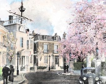 a painting of people walking down the street in front of some buildings and trees with pink flowers on them