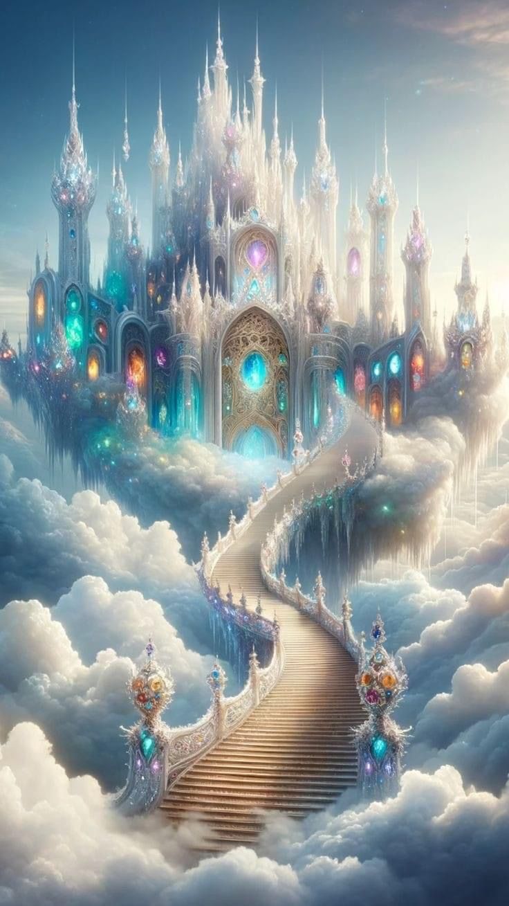 a stairway leading up to a castle in the sky with lots of clouds around it