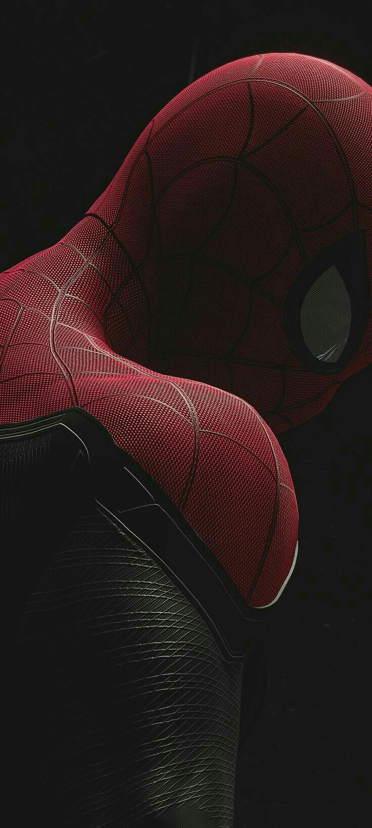 a close up view of the spider man's face in black and red colors