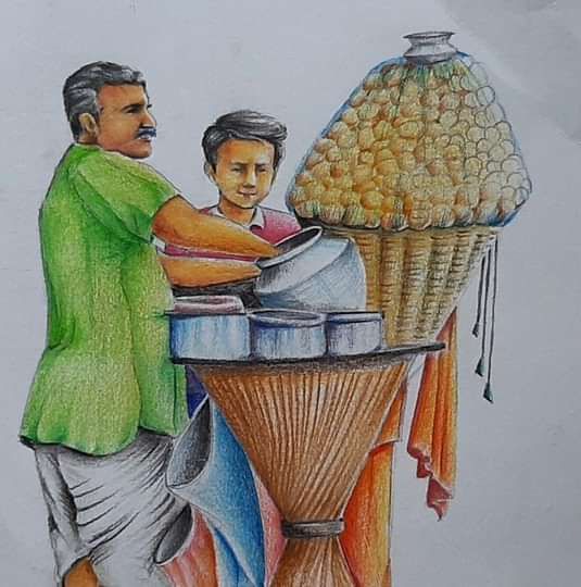 a drawing of two men making corn on the cob in front of a machine