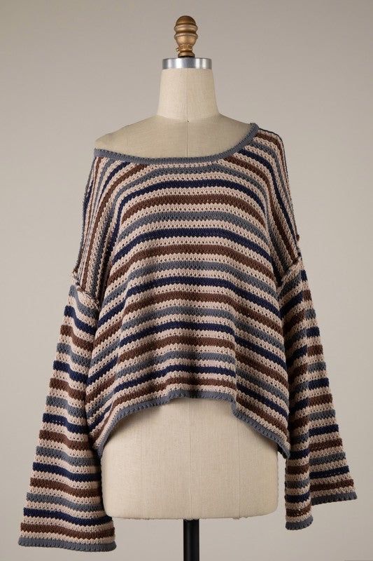 Oversized, slouchy crochet styled lightweight crop sweater with long bell sleeves and a horizontal striped pattern. Navy, slate blue, and brown horizontal stripes 100% Cotton Hand wash cold separately/ Lay flat to dry/ Do not wring or twist Crochet Striped Sweater Pattern, Striped Crochet Sweater, Crochet Long Sleeve Top, Autumn Sweaters, Crochet Fabric, Womens Sweaters, Bell Sleeve Sweater, Crop Sweater, Pink Boho