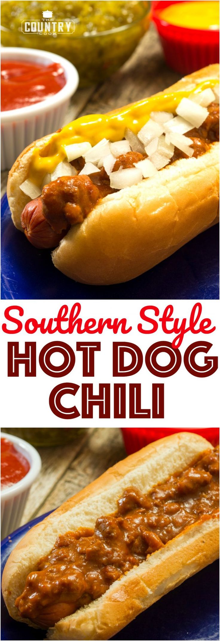 there is a hot dog with toppings on it and the words southern style hot dog chili