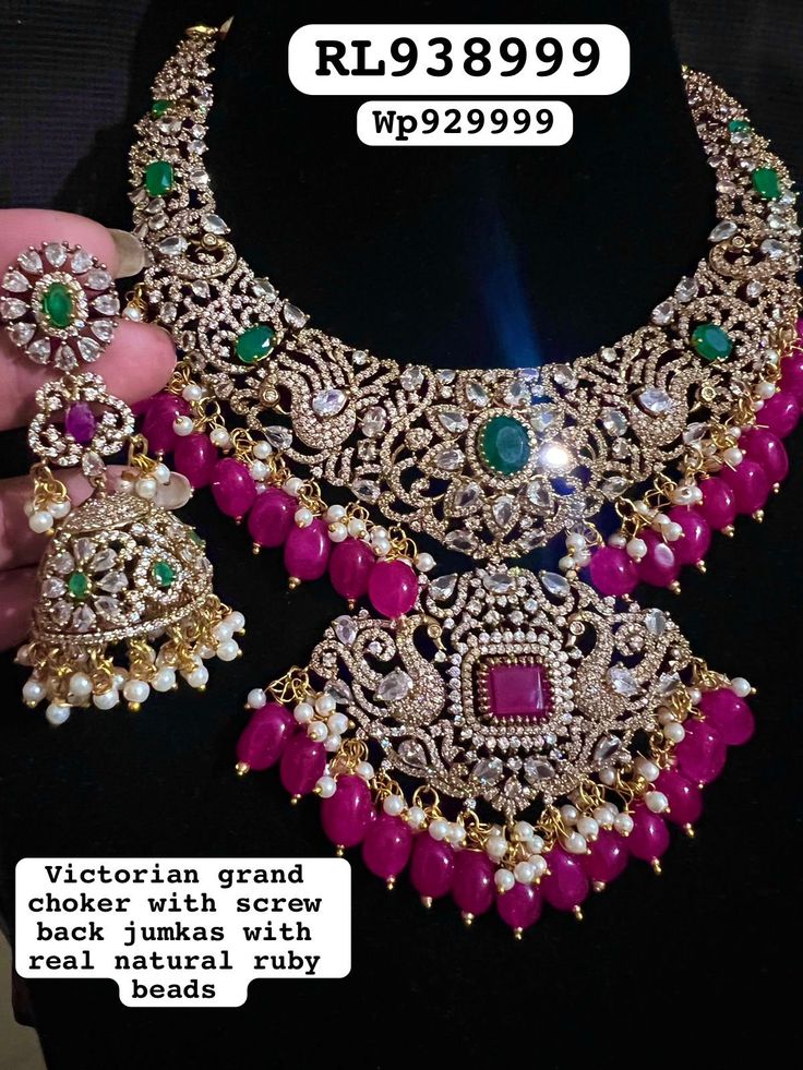 Victorian necklace set is now so trending and it's definitely a beautiful sets that should be in your wardrobe.So don't miss it to have in your wardrobe Victorian jewelery is a grand choker that fits ur expectations perfectly on your big day It comes with screwback jhumka with real emerald and natural beads Please check availability before u book any item video will be provided on request .I am not able to upload here due to resolution issues Elegant Kundan Necklace With Intricate Design For Ceremonies, Elegant Kundan Necklace With Intricate Design For Ceremonial Occasions, Elegant Ceremonial Bridal Necklace With Tilla, Opulent Bridal Necklace With Intricate Design For Festive Occasion, Opulent Wedding Necklace With Intricate Design, Opulent Necklace For Wedding And Festive Occasions, Elegant Heavy Jewelry Sets For Reception, Elegant Heavy Bridal Necklace For Formal Occasions, Opulent Bridal Necklace With Intricate Design