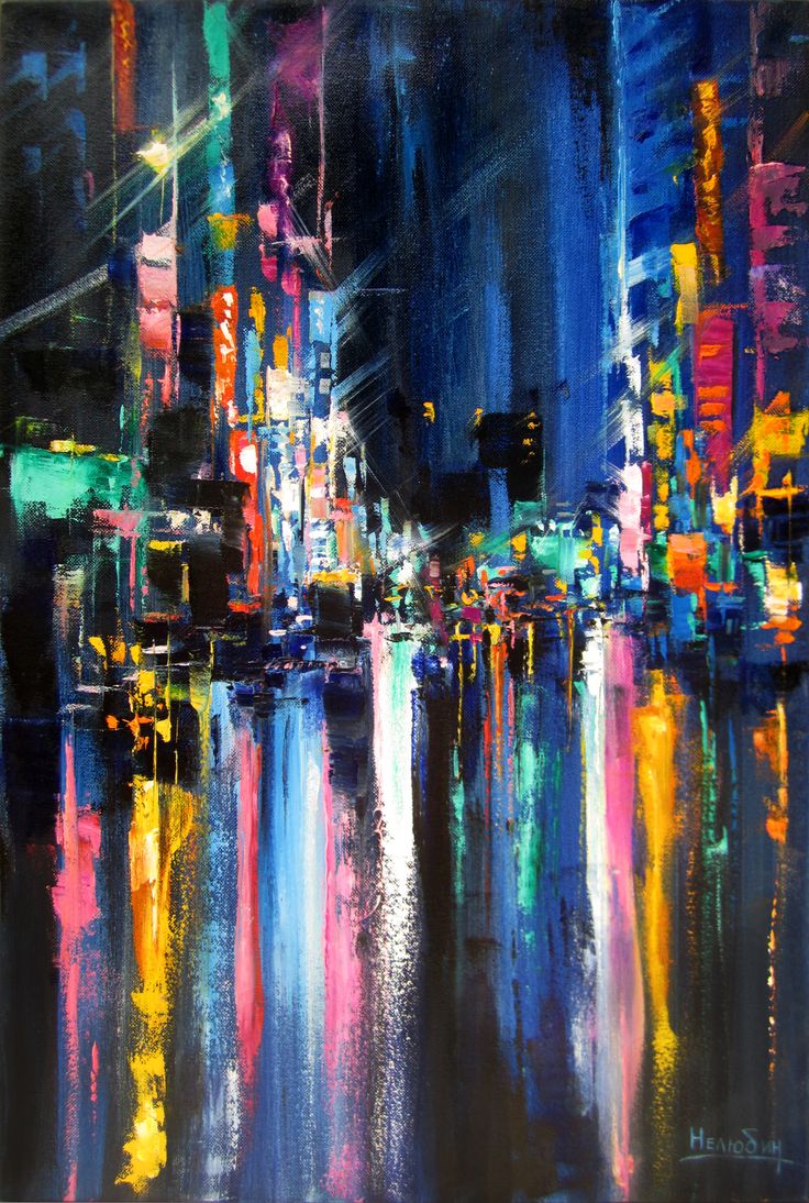 an abstract painting of city lights at night