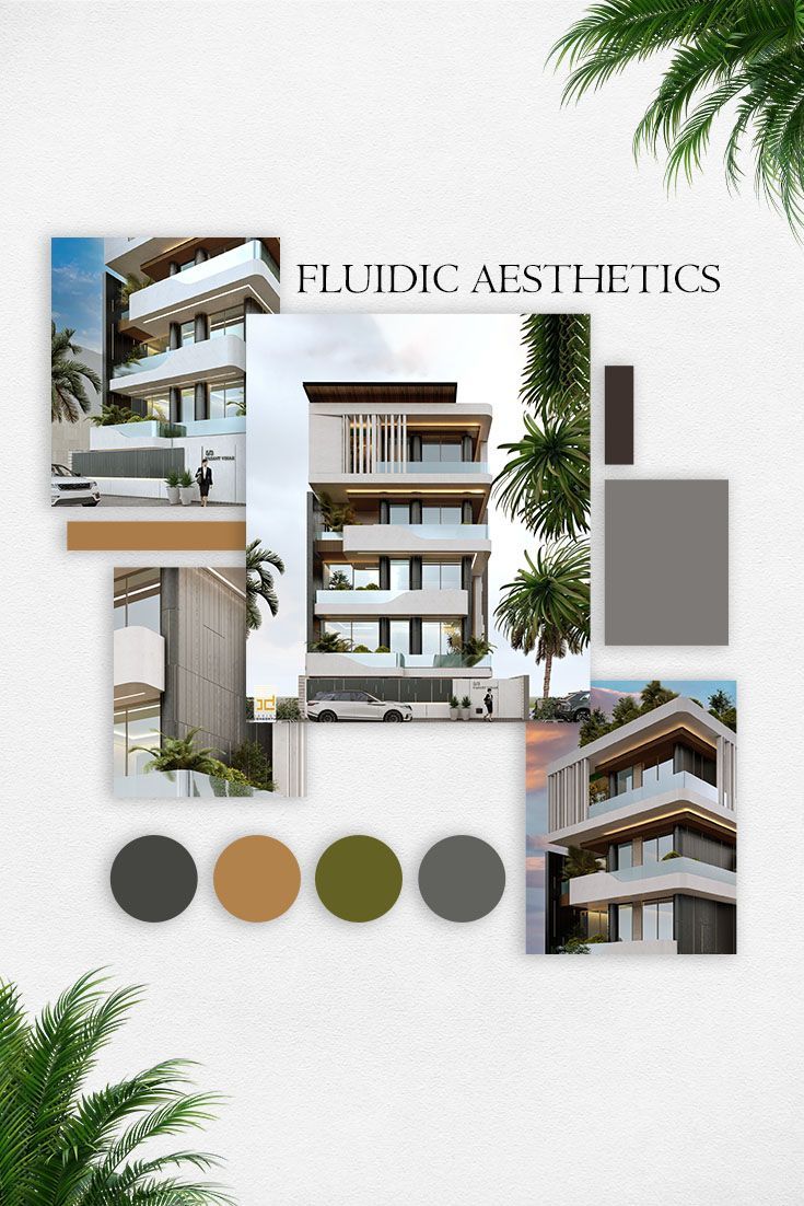 the front and back side of a building with palm trees on it, surrounded by color swatches