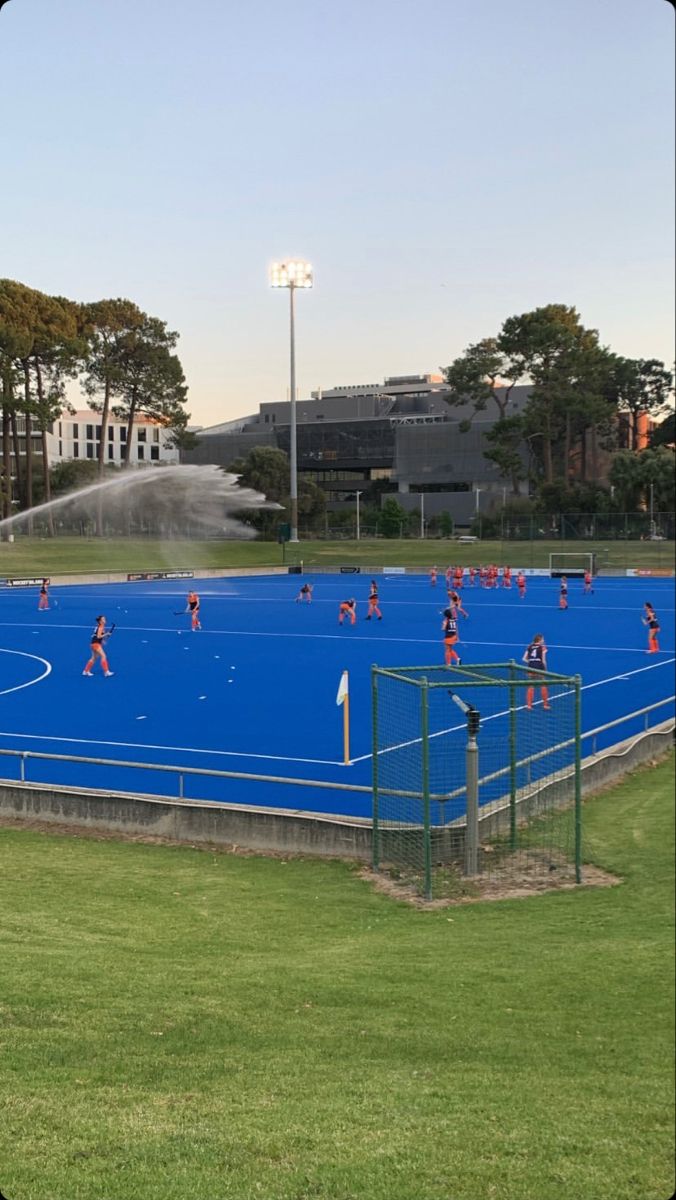 the field is blue and green with people playing on it in front of a fountain