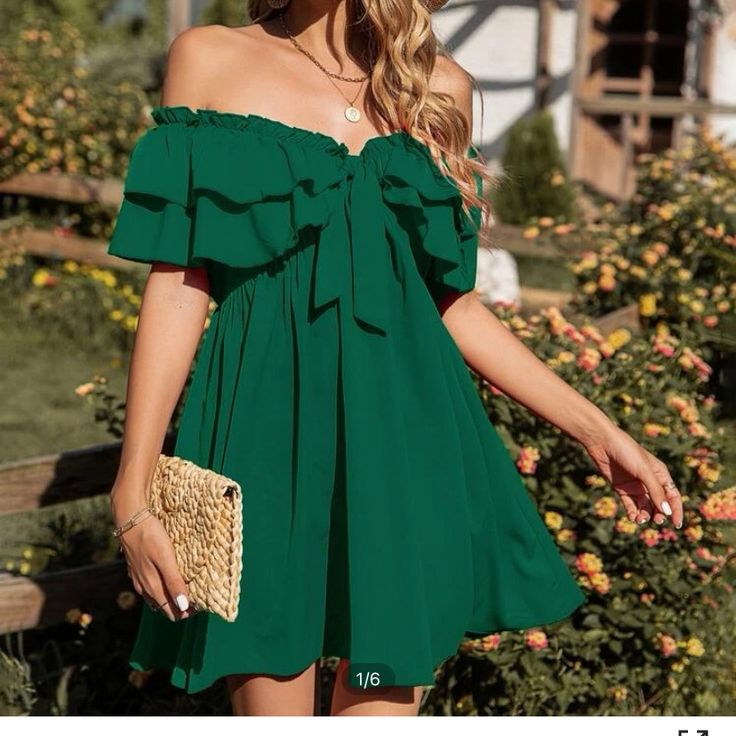 Shein Off Shoulder Frill Knot Front Tiered Layer Dress. Size Large Color Is Green. Never Been Worn. In Great Condition. Flowy Dress Casual, Wedding Hairstyles Tutorial, Front Knot Dress, Gaun Fashion, Cottagecore Style, Shein Dress, Fashionista Clothes, Long Dress Casual, Ruffle Hem Dress