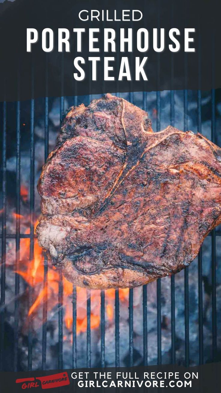 grilled porterhouse steak on the grill with text overlay