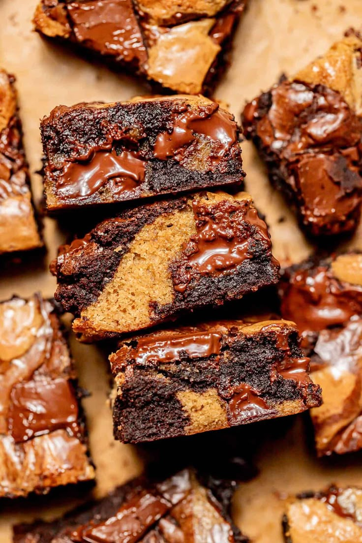 chocolate peanut butter brownies stacked on top of each other