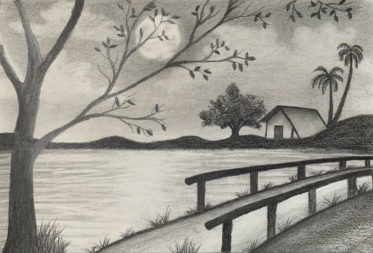 a pencil drawing of a landscape with trees, water and a house in the distance