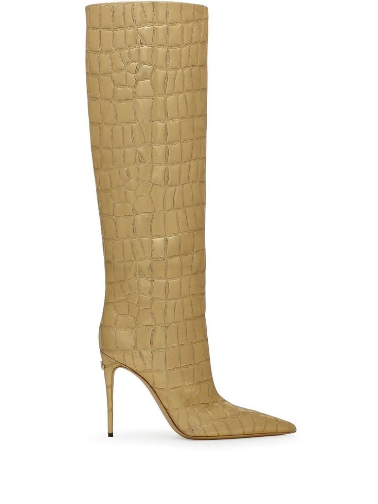 gold-tone leather embossed crocodile effect stiletto heel pointed toe Croc Nails, Nails Black Women, Chic Flats, Outfit Pieces, Girl Boots, Boots Outfits, Dolce Gabbana Shoes, Trendy Boots, Blue Boots