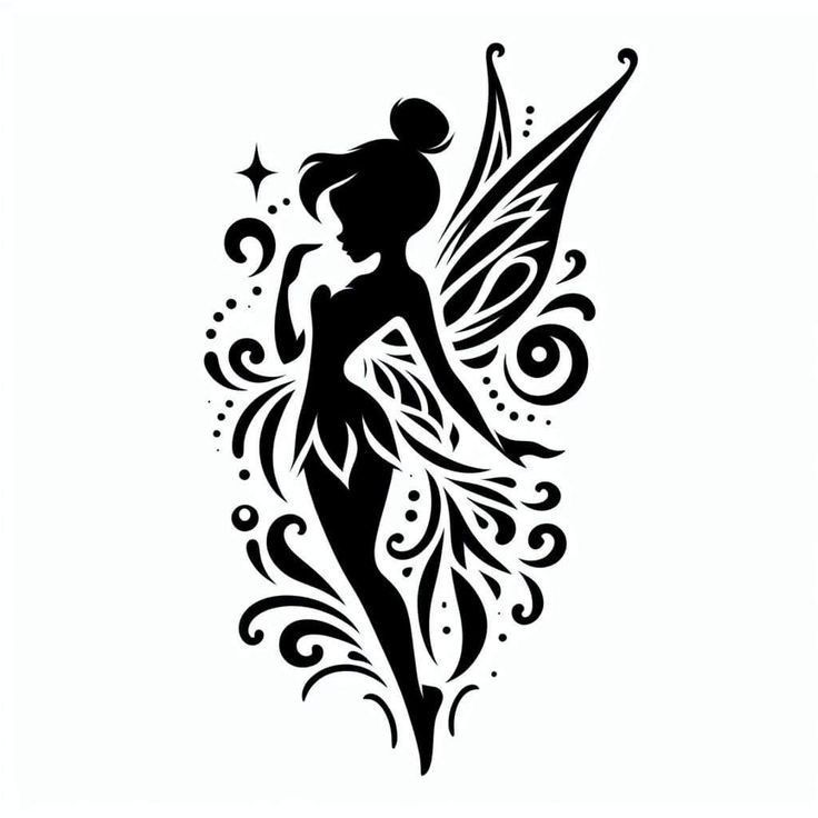 a black and white silhouette of a fairy with wings on her back, holding a star