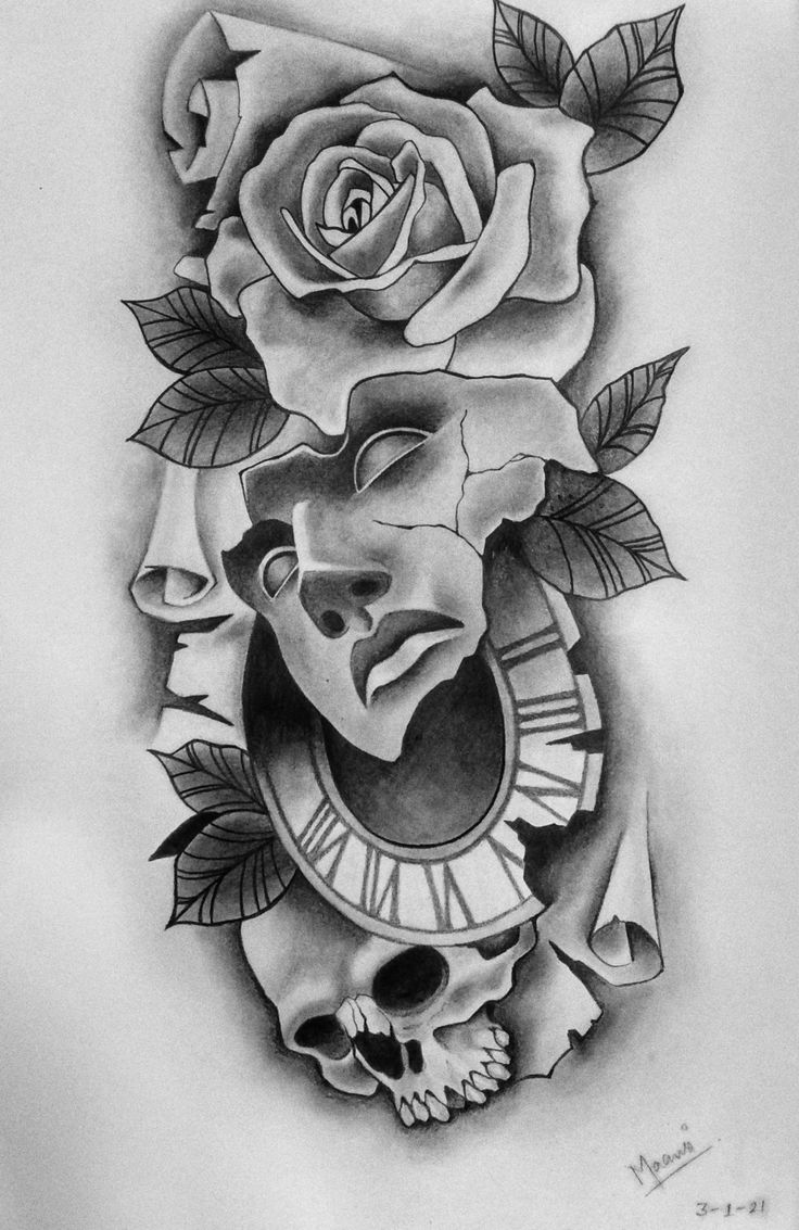 a drawing of a rose with a clock in the middle and a skull on the other side