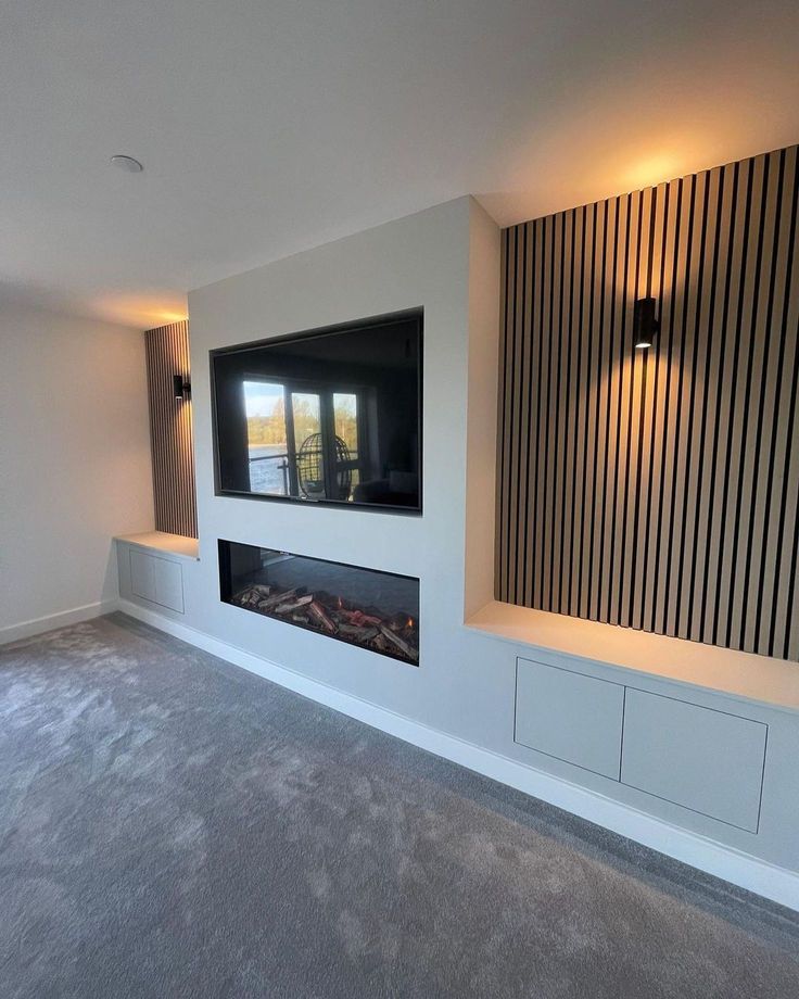 modern interior design with tv fireplace Cosy Media Wall, Electric Fireplace Slat Wall, Media Wall Cladding, Acoustic Panel Media Wall, Oak Media Wall, Acoustic Wall Panels Living Room, Living Room Cladding, Dark Media Wall, Acoustic Panels Living Room