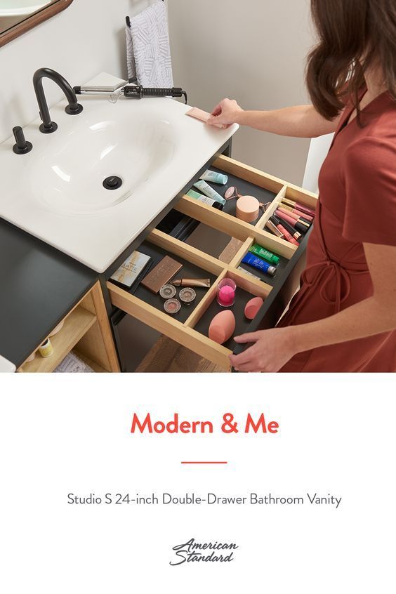 a woman is holding a drawer in front of a bathroom sink with the words modern & me on it