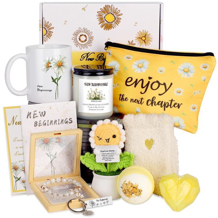 an assortment of personal care items displayed in front of a yellow pillow and white mug