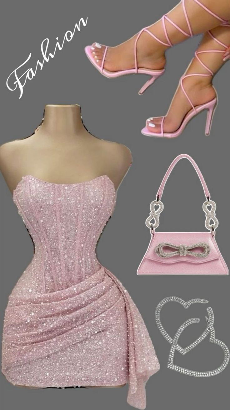 a woman's pink dress and shoes are shown in this fashion advertment