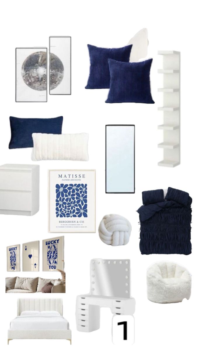 🎱 Blue And White Bedroom Ikea, Dark Blue Bed Ideas, Blue And Wood Room Aesthetic, Navy Minimalist Bedroom, Room With One Wall Different Color, Dark Blue And White Bedroom Ideas, Cute Room Ideas Blue And White, Navy White And Cream Bedroom, Bedroom Decor Blue And White