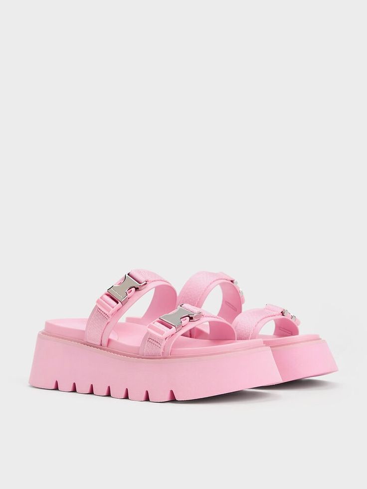 Light Pink Laine Metallic-Buckle Flatform Sandals - CHARLES & KEITH US Spring Beach Footbed Sandals With Chunky Platform, Summer Footbed Sandals With Chunky Platform And Round Toe, Chunky Platform Footbed Sandals For Summer, Casual Footbed Sandals With Chunky Platform For Spring, Pink Flat Sandals With Textured Footbed, Pink Round Toe Synthetic Footbed Sandals, Pink Synthetic Round Toe Footbed Sandals, Spring Platform Footbed Sandals, Trendy Pink Synthetic Sandals