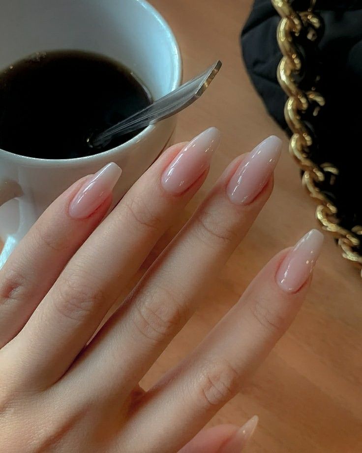 Sleek Acrylic Nails, Pretty Sns Nails, Mid Length Coffin Acrylic Nails, American French Tip Nails, Natural Acyrilics Nails, Bare Acrylics, Cute Natural Acrylic Nails, Long Natural Nails Painted, Innocent Nails