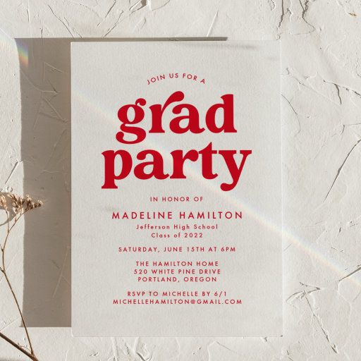 a party card with the words grad party in red on it and a flower