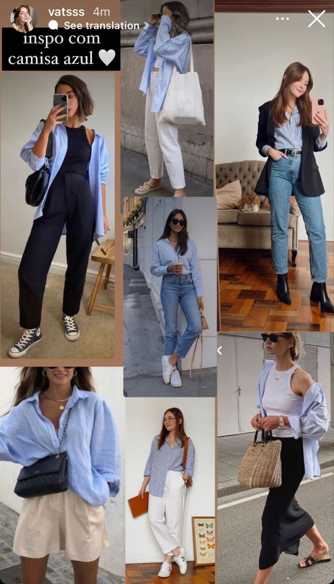 Blue Boyfriend Shirt Outfit, Blue Shirt Work Outfit Women, Light Blue Button Up Shirt Outfit Women, White And Blue Button Up Shirt Outfit, Blue Shirt White Pants Outfit, Blue Shirt Women Outfit Casual, Powder Blue Shirt Outfit Women, Blue Stripped Shirt Women Outfit, How To Style Blue Striped Shirt