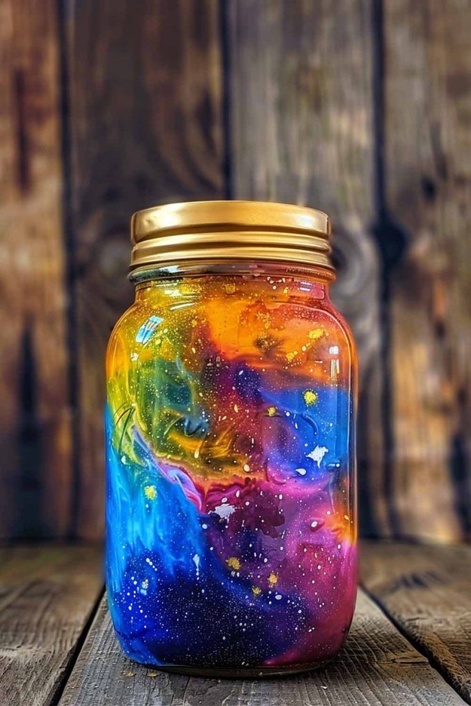 a jar filled with colorful liquid sitting on top of a wooden table