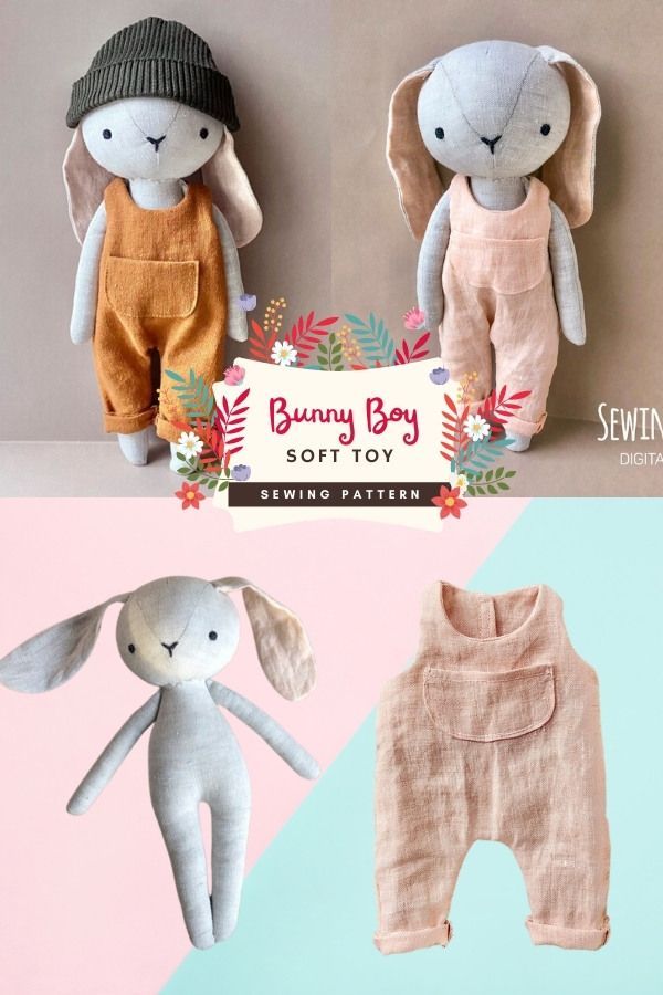 two stuffed animals in overalls and hats are shown with the name bunny boy on it