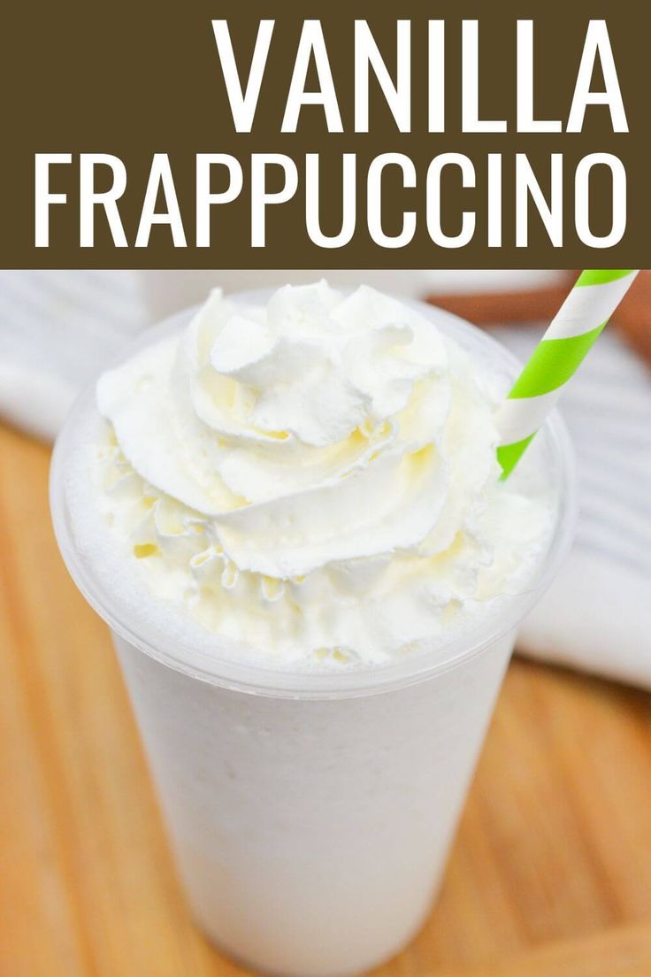 Starbucks Vanilla Bean Frappuccino Recipe at Home with title text overlay. Homemade Vanilla Bean Frappachino, Vanilla Frappuccino Recipe, How To Make A Vanilla Bean Frappuccino, Vanilla Bean Frappachino Recipe, Vinalla Bean Frappuccino Recipe, Vanilla Bean Frappe Recipe, How To Make Vanilla Bean Frappe, Vanilla Bean Frappachino, How To Make A Vanilla Bean Frappuccino Without Icecream