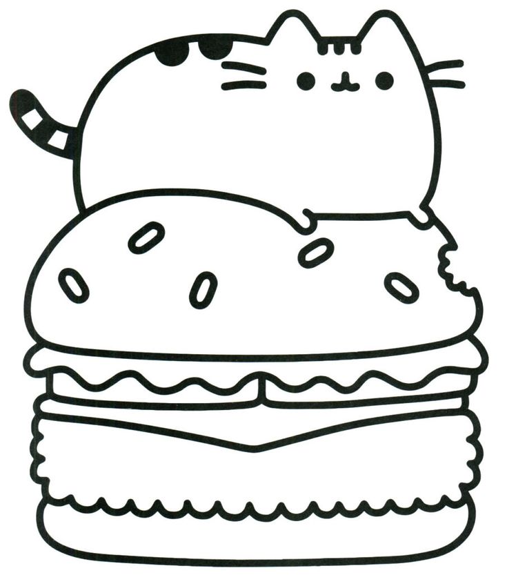 a black and white drawing of a cat sitting on top of a hamburger with sprinkles