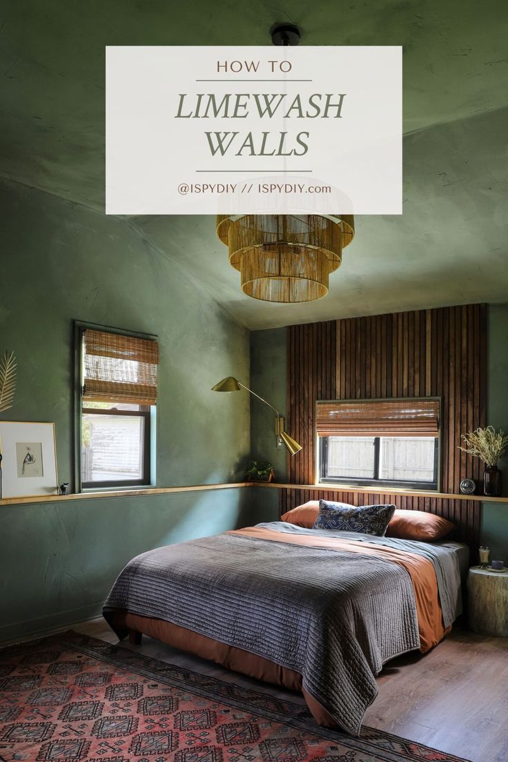 a bedroom with green walls and wooden flooring is featured in the article how to limewash walls