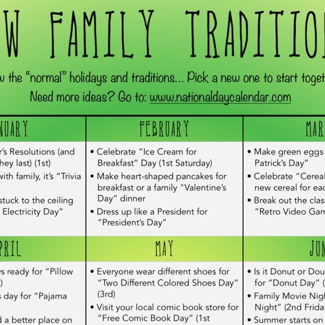 a green and white poster with the words new family traditions on it's side