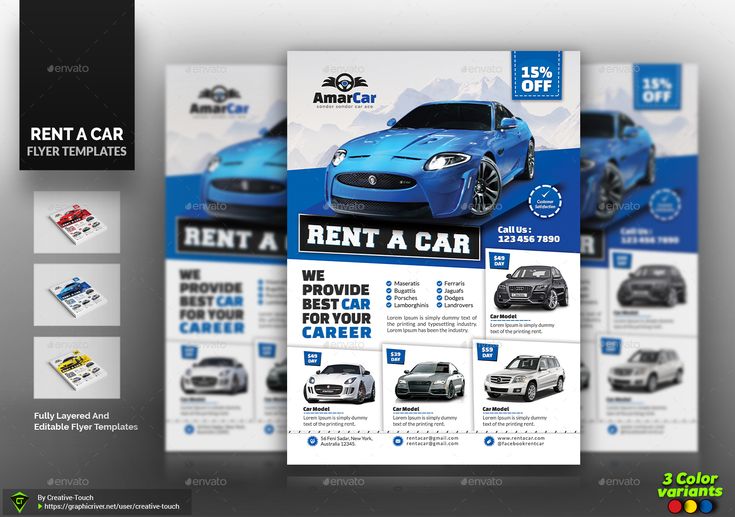 a car rental flyer template with blue cars on the front and back cover, along with an ad for rent a car