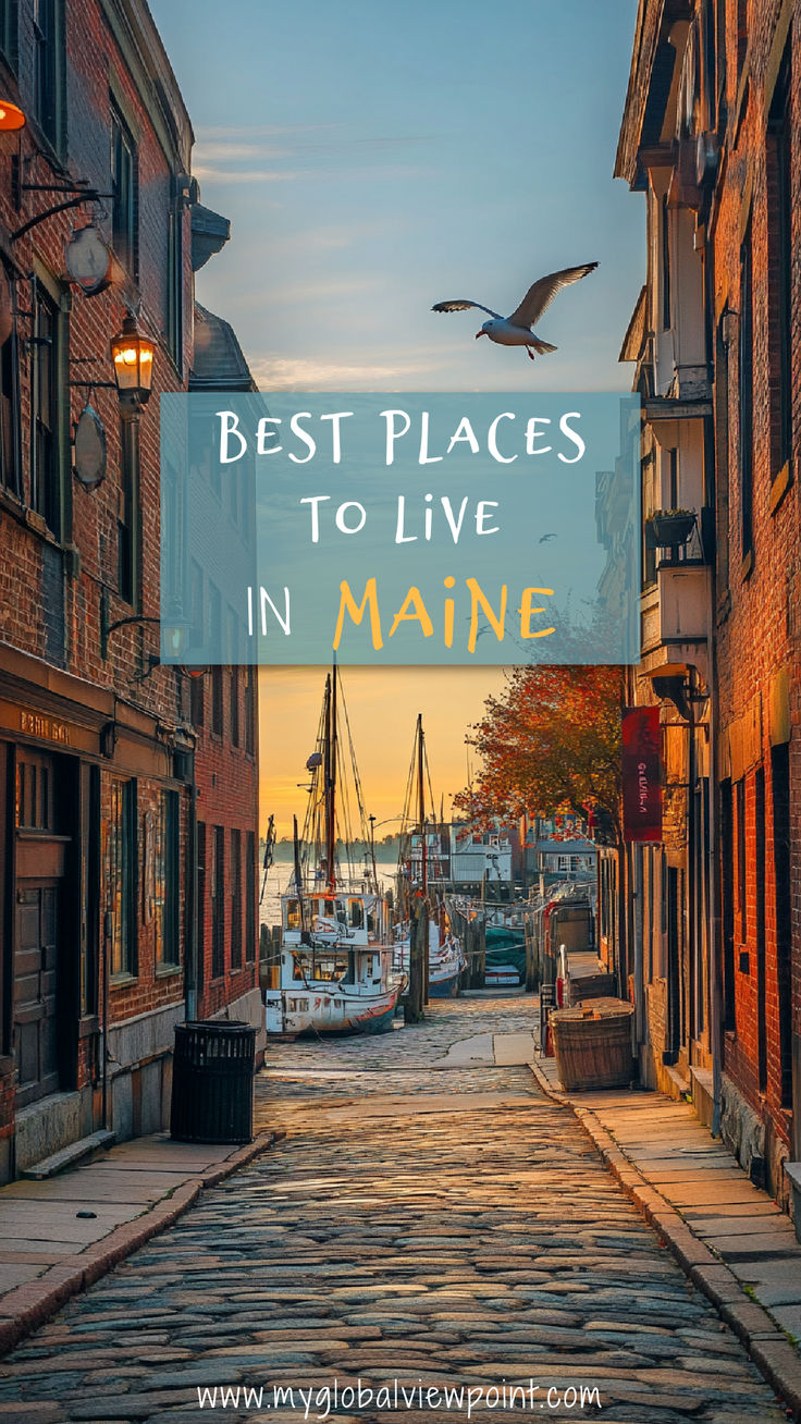 A cobblestone street in a coastal Maine town, with historic brick buildings and boats docked at the marina, is illuminated by the warm glow of sunrise. Maine Usa Aesthetic, Maine Coastal Towns, Living In Maine, Wiscasset Maine, Maine Aesthetic, Midcoast Maine, Motorhome Living, Moving To Maine, Maine Homes