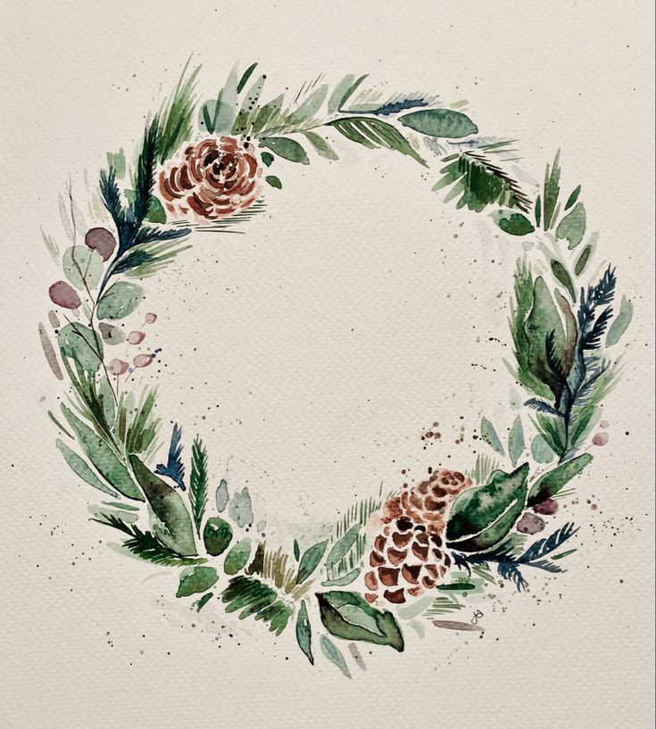 a watercolor wreath with pine cones and evergreen leaves on it, painted by hand