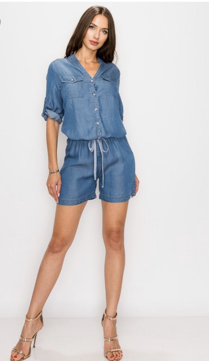 Denim Jumper - Everything Girls Like Boutique Denim Short Romper, Denim Jumper, Shorts Romper, Plaid Dress Shirt, Ruffle Shirt, Short Rompers, Shirt Sale, Plaid Shirt, Casual Dress