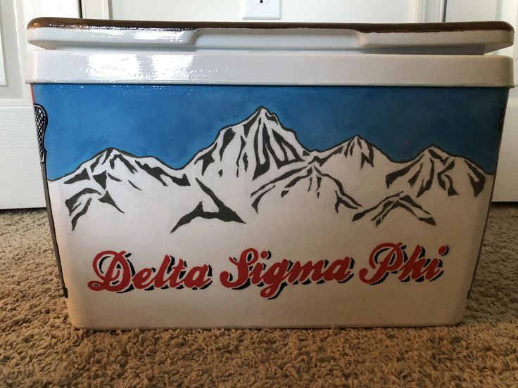 a cooler sitting on the floor in front of a door with mountains painted on it