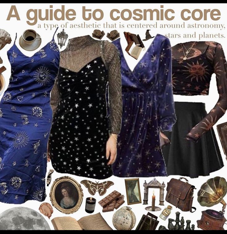 Cosmic Core Dress, Celestialcore Fashion, Jacquelinecore Aesthetic, Cosmic Witch Aesthetic Outfit, Celestial Inspired Outfits, Cosmicore Outfits, Planetarium Outfit Ideas, Moon Goth Outfits, Moon Inspired Outfits Male