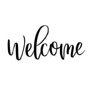 the word welcome written in cursive writing on a white background with black ink